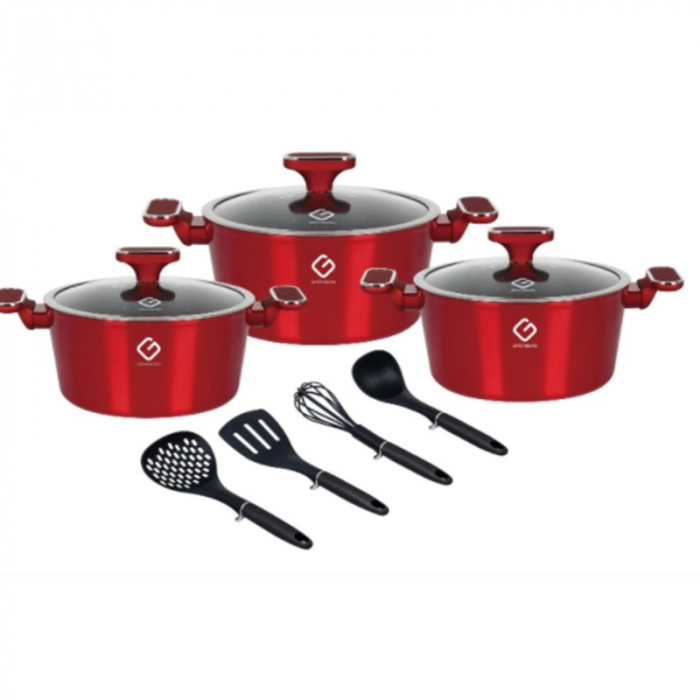 Set vase 10 piese Grunberg Aluminiu Turnat Inducție Capace Sticla Ustensile Nylon [1]