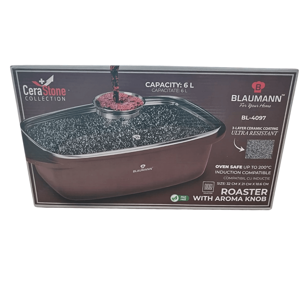 Tavă Ceramică Roster Blaumann Cerastone cu Capac din Sticlă, 32x21x10,6 cm – Performanță de Gătit Superioră cu Capacitate de 6L [4]