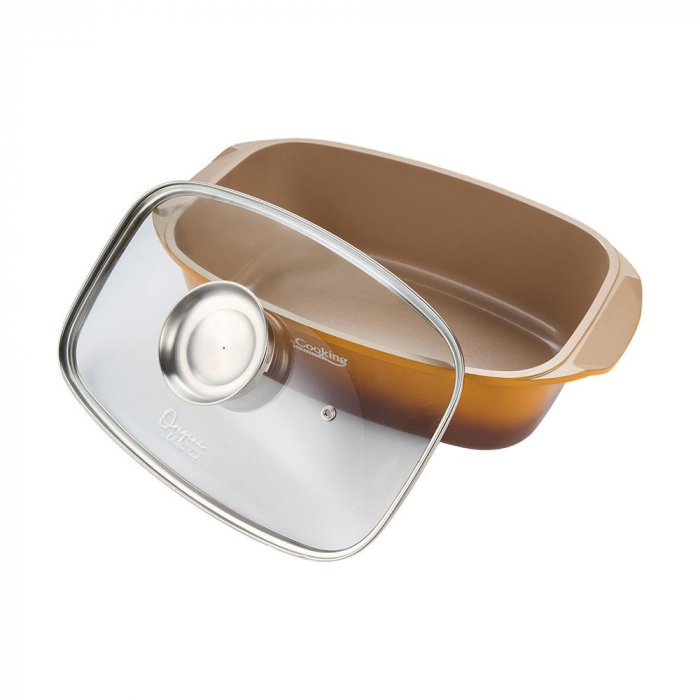 Tava Roaster Aluminiu Turnat 5.3L cu Capac 39x22.5 cm Interior Ceramica
