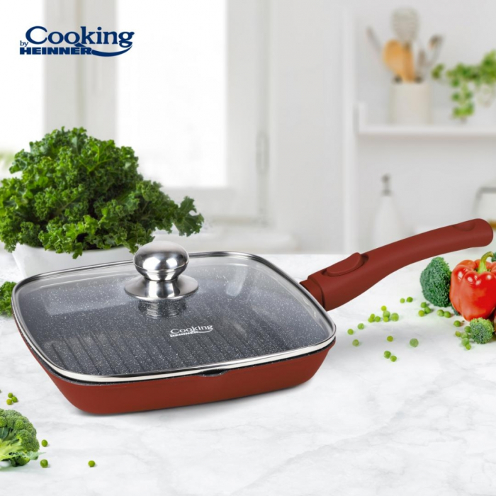 Tigaie Grill Heinner  cu Capac 24 cm din Aluminiu Turnat Inductie [3]
