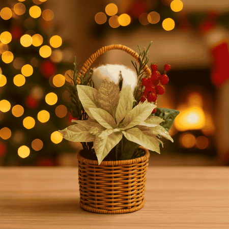 Oferte - Aranjament Artificial de Crăciun cu Poinsettia, Spice Aurii și Coș cu Mâner