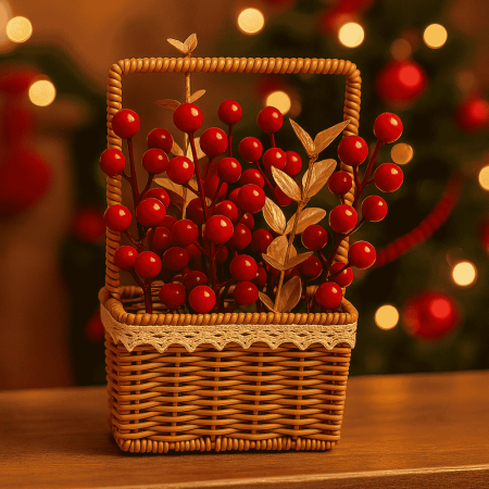 Oferte - Coș Decorativ Crăciun cu Bobițe Roșii și Frunze Aurii  în Coș