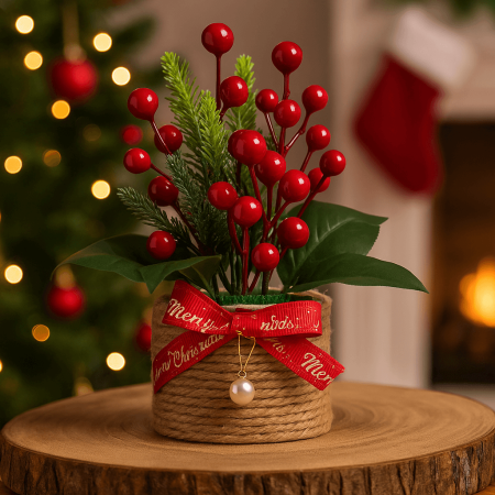 Lumanari Si Decoratiuni - Aranjament de Crăciun cu Biluțe Roșii, Frunze Verzi și Ghiveci Decorat cu Fundiță