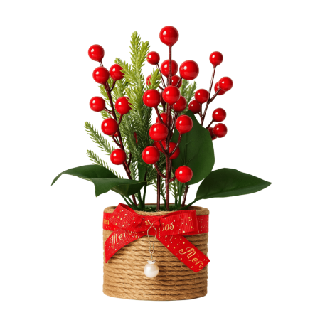 Aranjament de Crăciun cu Biluțe Roșii, Frunze Verzi și Ghiveci Decorat cu Fundiță [1]