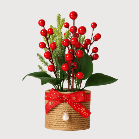 Aranjament de Crăciun cu Biluțe Roșii, Frunze Verzi și Ghiveci Decorat cu Fundiță [2]