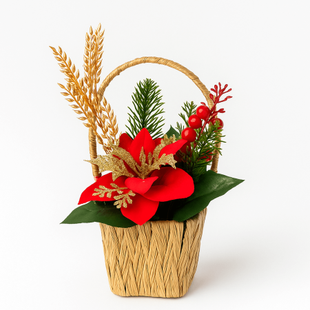 Aranjament Artificial de Crăciun cu Poinsettia, Spice Aurii și Coș cu Mâner [1]