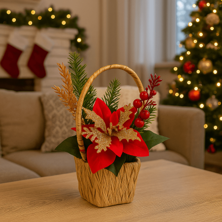 Lumanari Si Decoratiuni - Aranjament Artificial de Crăciun cu Poinsettia, Spice Aurii și Coș cu Mâner