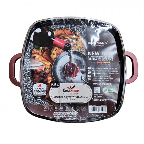 Blaumann Cerastone Cratiță Pătrată Ceramică cu Capac din Sticlă 28x11cm 6,5L Tip Roaster cu Sistem Aroma Knob [4]