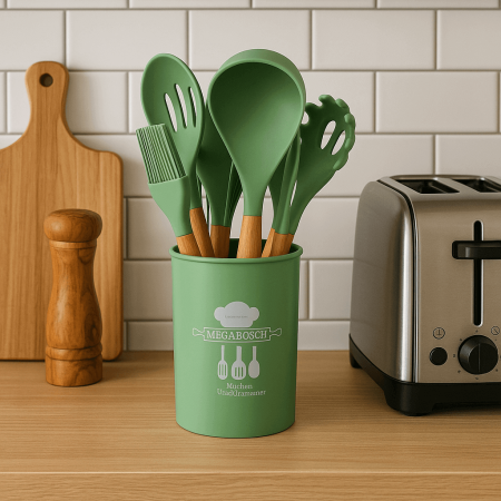 Bucatarie si Servire - Set 12 Ustensile Bucatarie Din Silicon Cu Maner Din Lemn Si Recipient