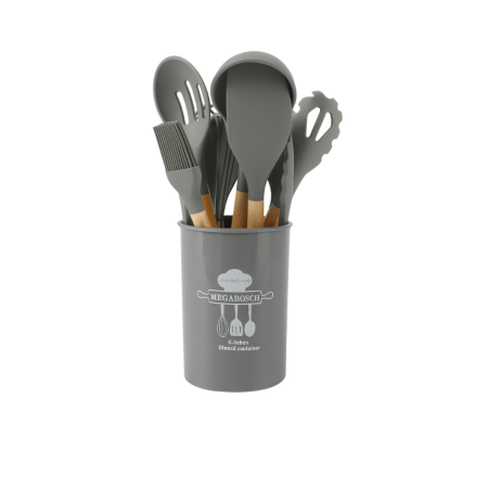 Ustensile Bucatarie - Set 12 Ustensile Bucatarie Din Silicon Cu Maner Din Lemn Si Recipient