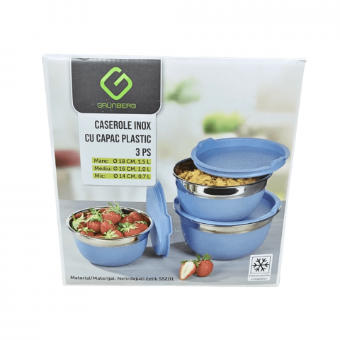 Set 3 Caserole din Inox cu Capace din Plastic – 1,5L, 1,0L, 0,7L – Depozitare Practică și Igienică [1]