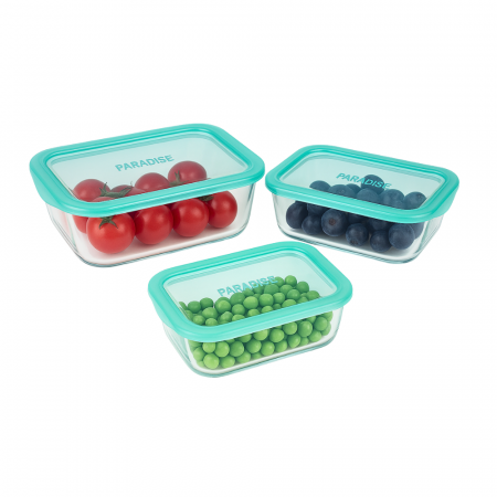 Ustensile Bucatarie - Set 3 Caserole din Sticlă cu Capace Turcoaz – Organizare Frigider