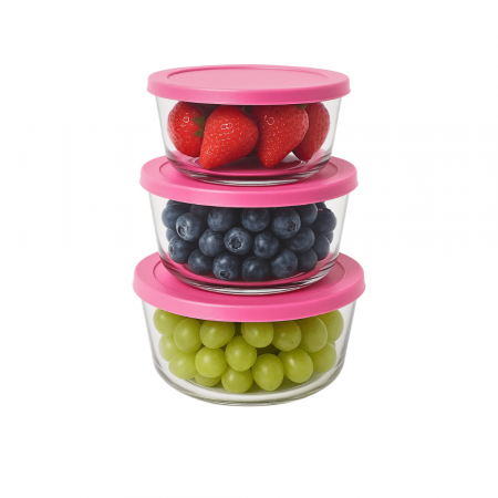 Ustensile Bucatarie - Set 3 Caserole Rotunde din Sticlă cu Capace Roz – Ideal pentru Frigider
