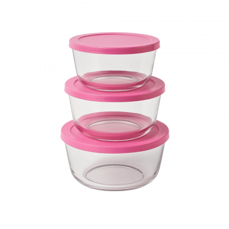 Set 3 Caserole Rotunde din Sticlă cu Capace Roz – Ideal pentru Frigider [1]