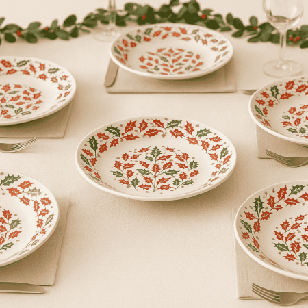 Bucatarie si Servire - Set 6 Farfurii Adânci Opal cu Decor Frunzulițe Roșii și Verzi 23 cm