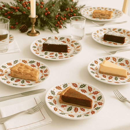 Bucatarie si Servire - Set 6 Farfurii Desert Opal cu Decor Frunzulițe Roșii și Verzi 19.5 cm