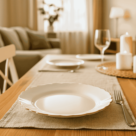 Bucatarie si Servire - Set 6 Farfurii Întinse Opal Alb 25 cm cu Margini Aurii și Design în Valuri  Eleganță Premium