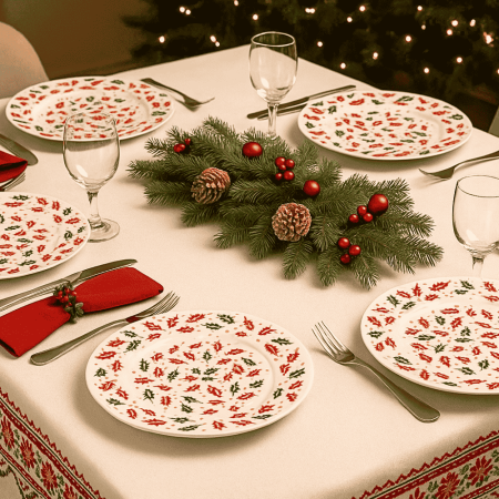 Bucatarie si Servire - Set 6 Farfurii Intinse Opal cu Decor Frunzulițe Roșii și Verzi 26.5 cm