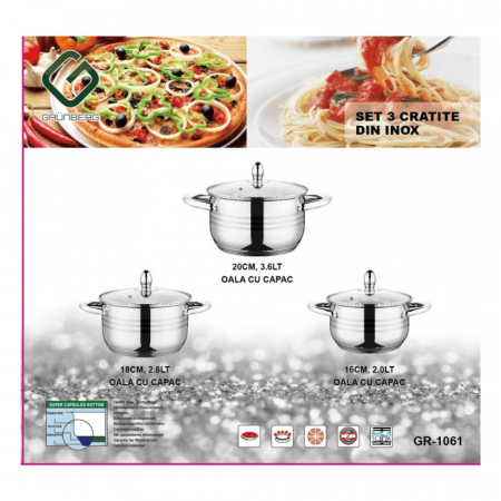 Set 6 piese – 3 oale din inox cu capace din sticlă termorezistentă, Grunberg [1]