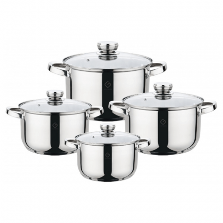 Oale si Cratite - Set 8 piese – 4 oale din inox cu capace din sticlă termorezistentă, Grunberg