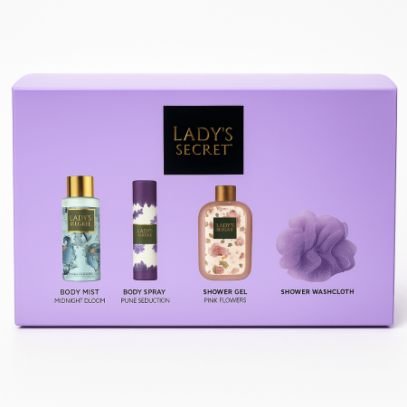 Pentru Ea - Set Cadou Lady’s Secret – Body Mist, Body Spray, Gel de Duș și Burete Mov în Gentuță Elegantă