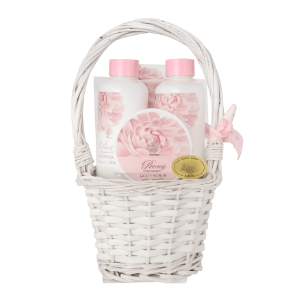 Oferte - Set Cadou Aurora Peony Cherry Amber Gel de Duș Loțiune de Corp și Săpun în Coș Alb Elegant