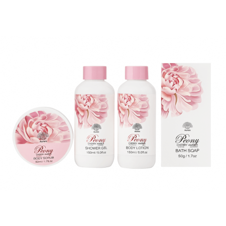 Set Cadou Aurora Peony Cherry Amber Gel de Duș Loțiune de Corp și Săpun în Coș Alb Elegant [1]
