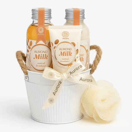 Pentru Ea - Set Cadou Aurora Almond Milk cu Ghiveci Reutilizabil – Gel de Duș, Loțiune, Cremă de Mâini și Burete