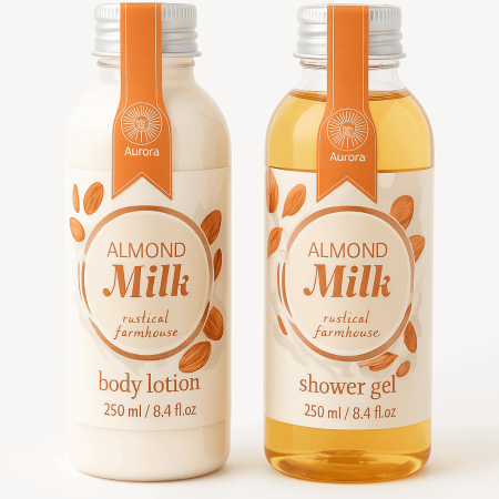 Set Cadou Aurora Almond Milk cu Ghiveci Reutilizabil – Gel de Duș, Loțiune, Cremă de Mâini și Burete [1]