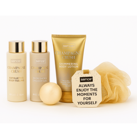 Set Cadou Sence Champagne Crush Gel de Duș Loțiune Bilă Efervescentă și Burete în Suport Pantof Auriu [1]