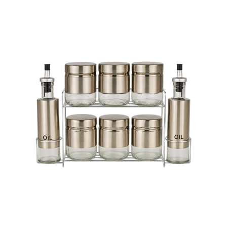Ustensile Bucatarie - Set recipiente condimente 9 piese inox si sticla cu suport metalic