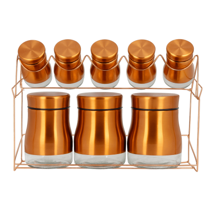 Ustensile Bucatarie - Set recipiente condimente 9 piese sticla si inox culoare cupru cu suport metalic