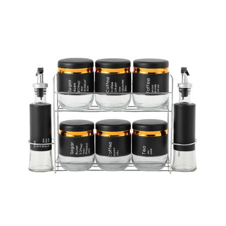 Ustensile Bucatarie - Set recipiente condimente 9 piese si suport metalic