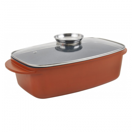Vase & Tavi - Tavă tip roaster Grunberg, 5L, 32x22x10 cm, din aluminiu turnat, placată cu ceramică marmorată, capac din sticlă termorezistentă cu picurător pentru ulei