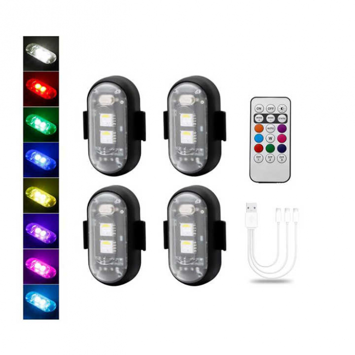 Set 4 lampi LED RGB stroboscopice cu telecomanda, 10 moduri, 8 culori, baterie litiu 110mAh reincarcabila USB-C IP65 - Copie [2]