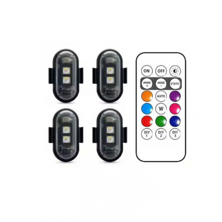 PEUGEOT - Set 4 lampi LED RGB stroboscopice cu telecomanda, 10 moduri, 8 culori, baterie litiu 110mAh reincarcabila USB-C IP65 - Copie
