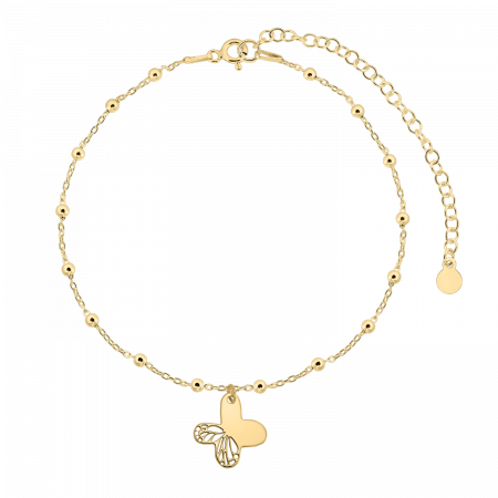 Bratari de picior - Bratara de picior din argint placat cu aur, lantisor cu margele, charm fluturas decupat