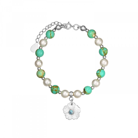 Bratari lantisor - Bratara din perle si howlit, argint 925, Blooming Green, aquamarin