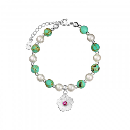 Bratari lantisor - Bratara din perle si howlit, argint 925, Blooming Green, rubin