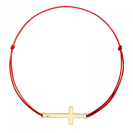Bratari snur - Bratara snur rosu, cruce orizontala, argint 925 placat cu aur de 18K