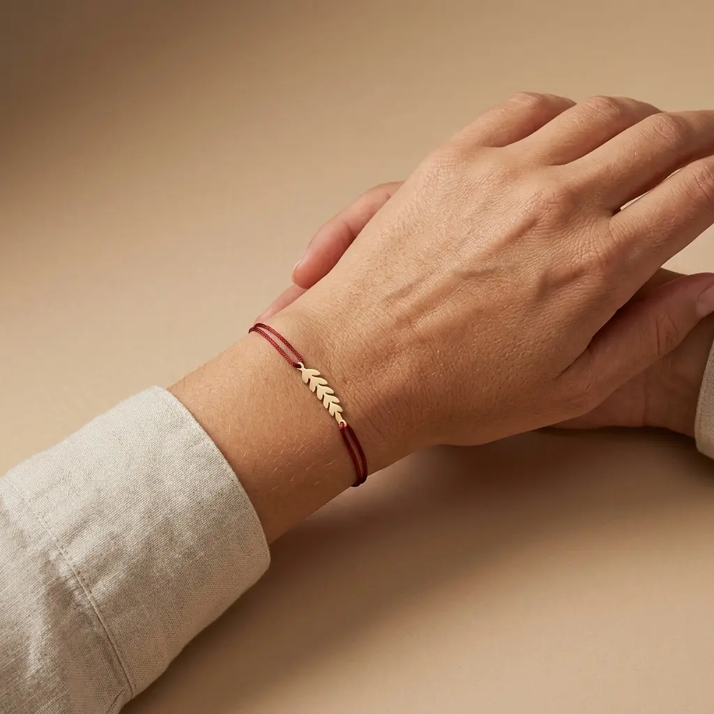 Fields of Gold - Bratara snur rosu, spic de grau, argint placat cu aur