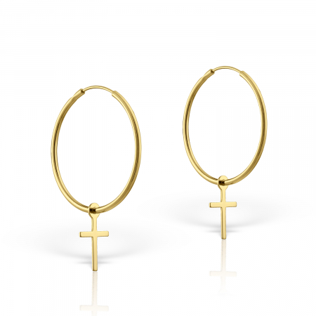 Cercei - Cercei creole, charm cruciulita, argint 925 placat cu aur de 18K