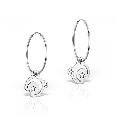 Cercei - Cercei creole, charm semiluna si stelute, argint 925 placat cu platina