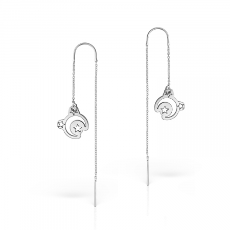 Cercei - Cercei lant cu charm semiluna si stelute, argint 925 placat cu platina