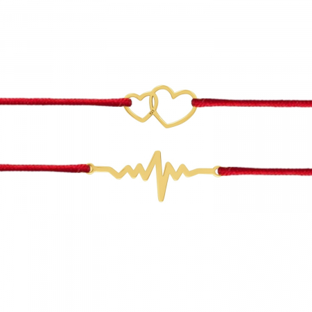 Bratari snur - Set 2 bratari snur rosu cu argint, puls EKG si inimi