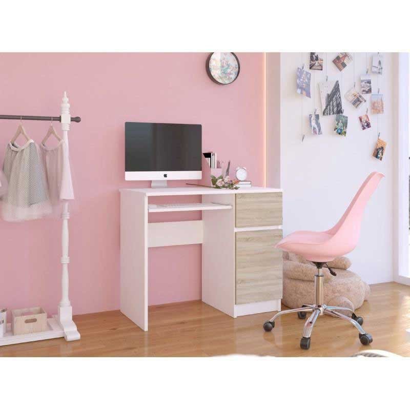 Birou calculator, PAL laminat, 1 sertar, 3 rafturi, alb si stejar, 90x50x77 cm [3]