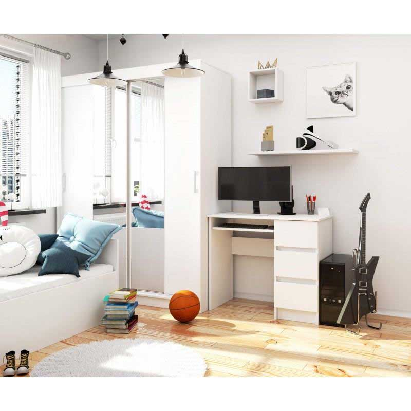 Birou calculator, PAL laminat, 3 sertare, dreapta, 1 raft, alb MAT, 90x50x77 cm [3]