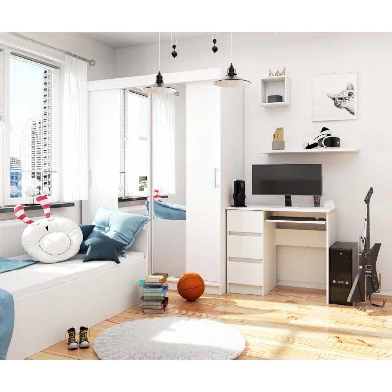 Birou calculator, PAL laminat, 3 sertare, stanga, 1 raft, alb MAT, 90x50x77 cm [3]