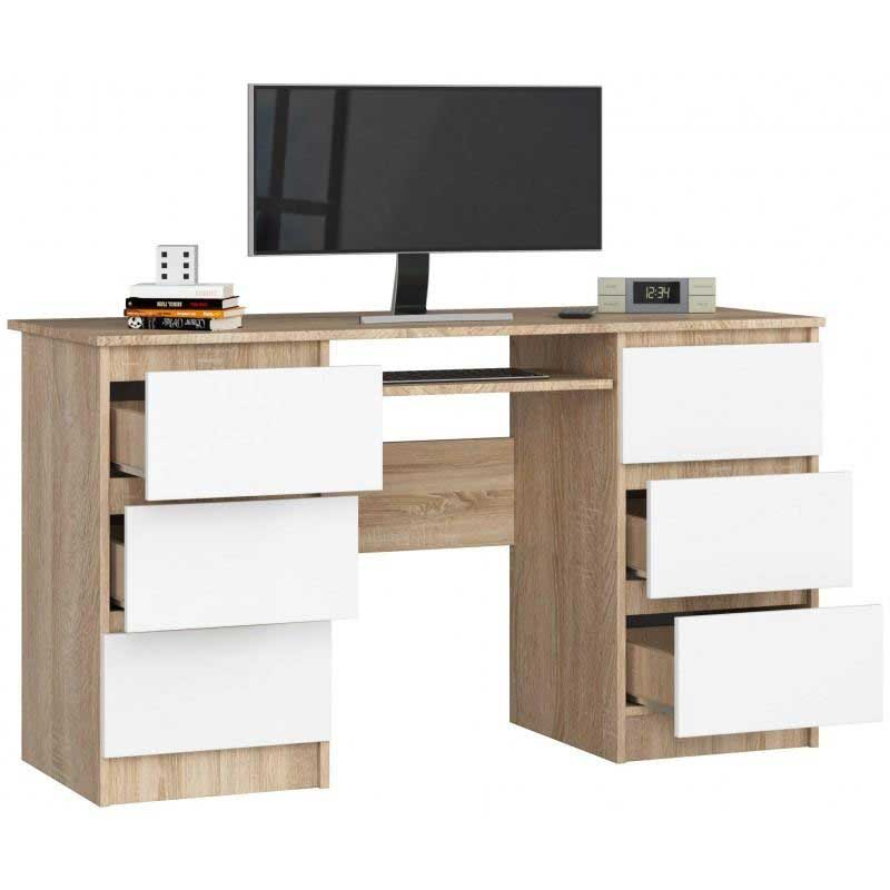 Birou calculator, PAL laminat, 6 sertare, 1 raft, stejar si alb, 135x50x77 cm [2]