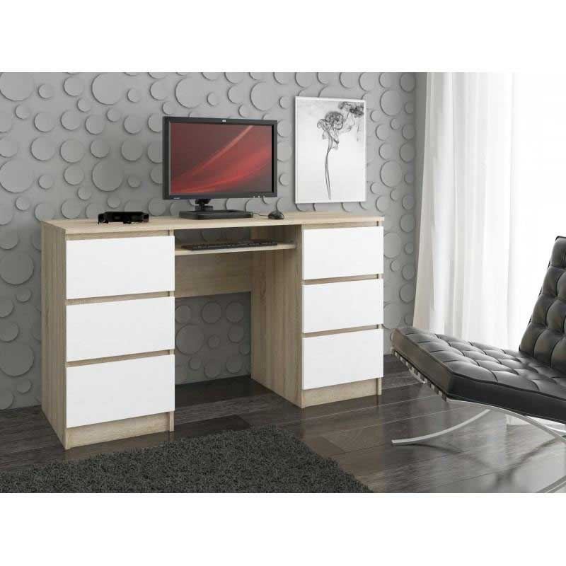 Birou calculator, PAL laminat, 6 sertare, 1 raft, stejar si alb, 135x50x77 cm [3]